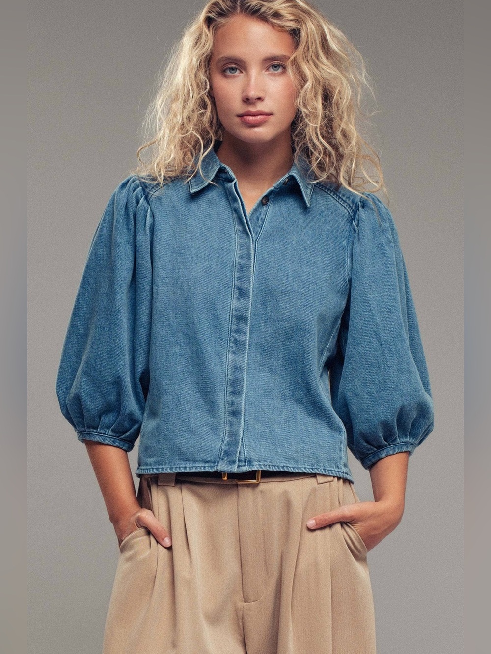 Oat New York Medium Wash Denim Button-Up Puff Sleeves Top M
